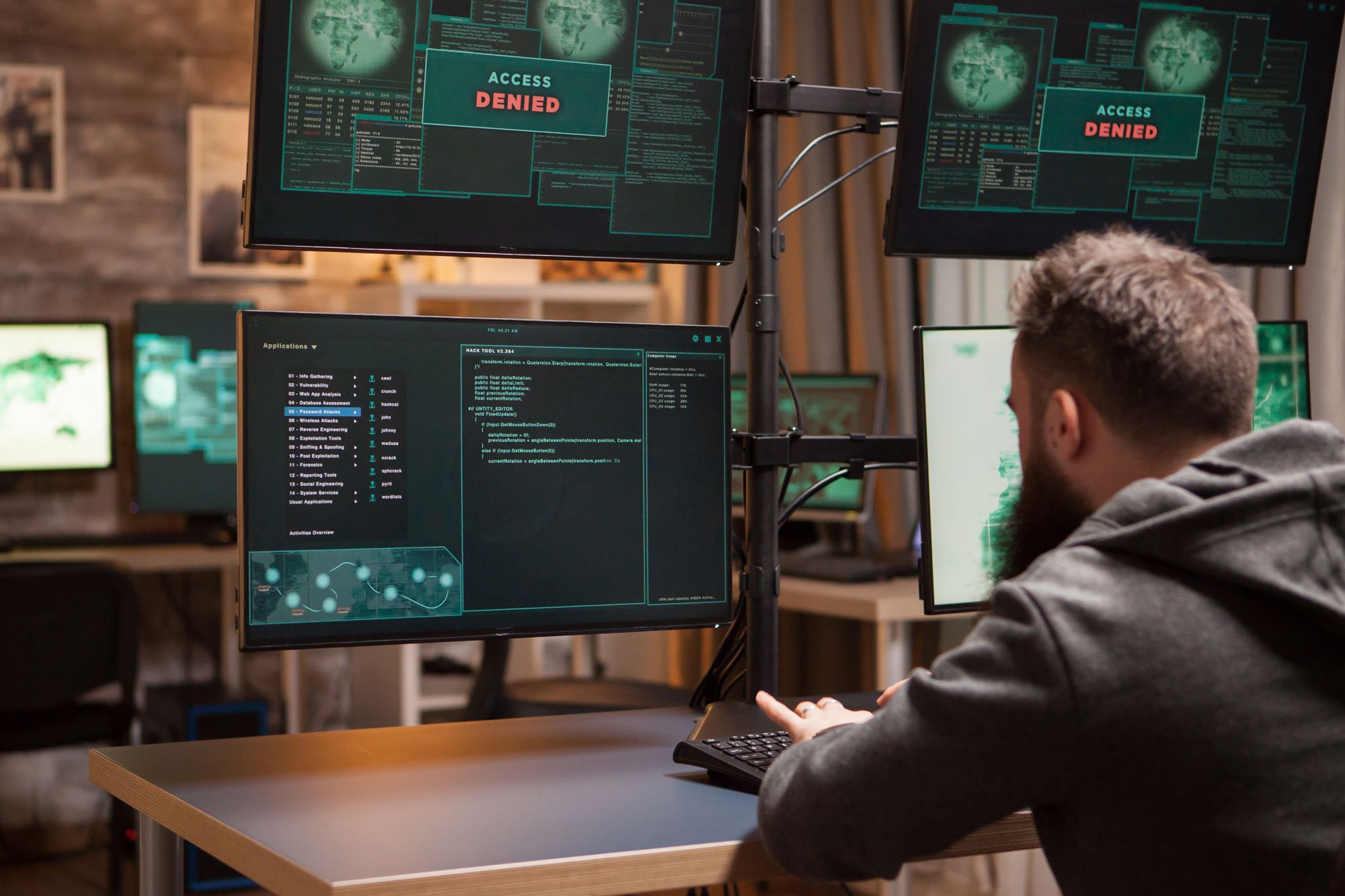 bearded programmer hacking trying steal information dangerous hacker